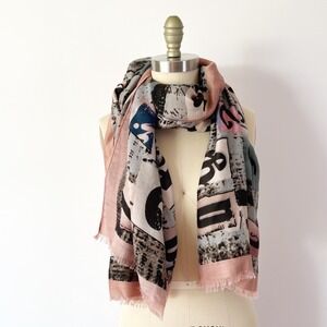Typography Print Scarf Pink Grey Graphic Viscose Cotton Fringe Wrap Alphabet